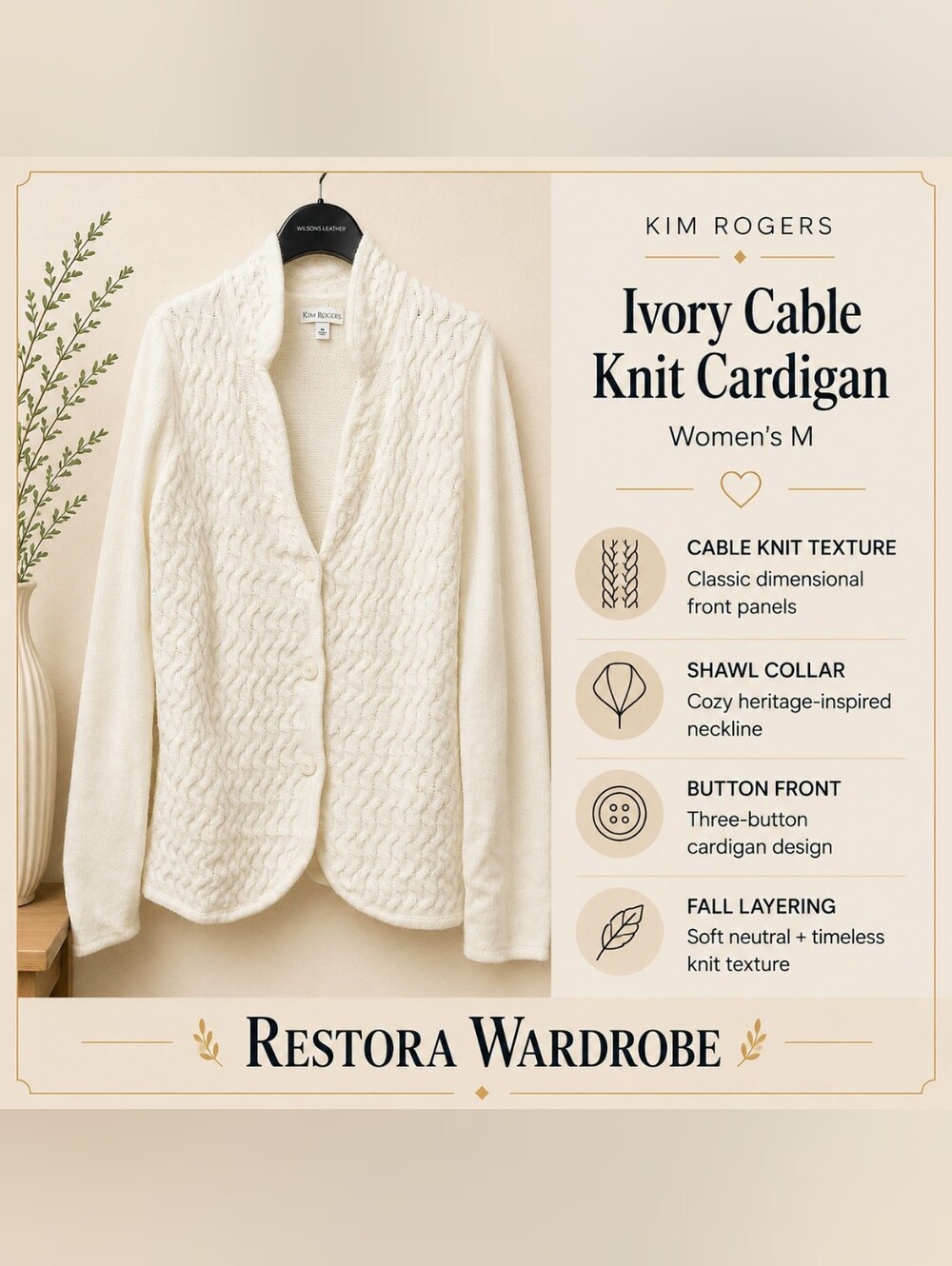 Kim Rogers Heritage Cable Knit Cardigan M Ivory Shawl Collar Button Front